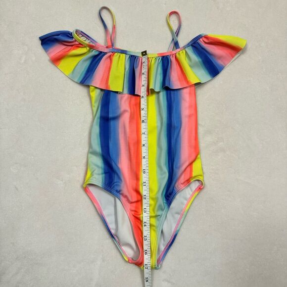 Nautica Girls 7 SM One Piece Swimsuit Neon Rainbow Stripe UV Protection Ruffle - Picture 5 of 7
